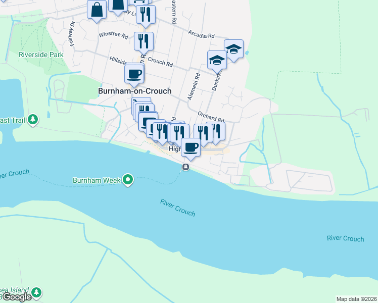 map of restaurants, bars, coffee shops, grocery stores, and more near in Essex