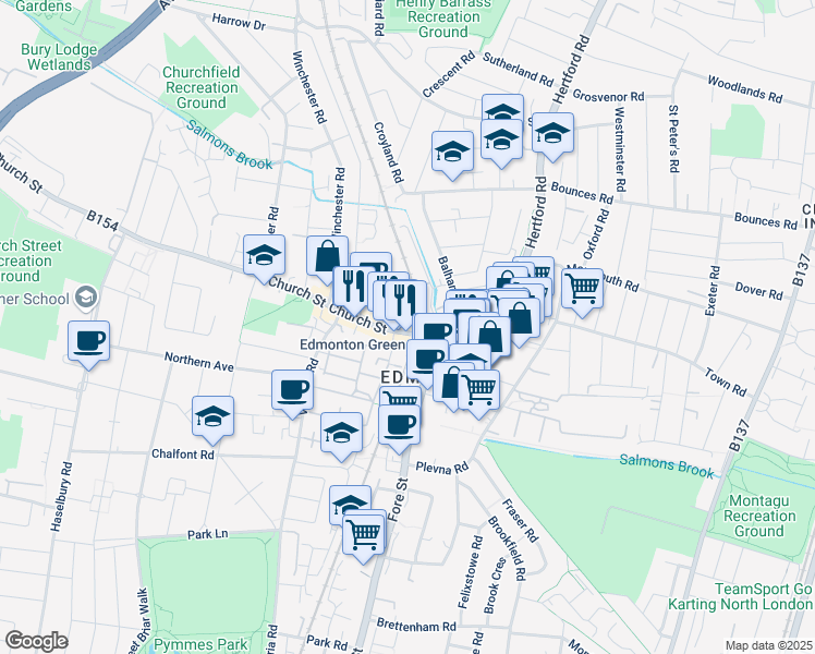 map of restaurants, bars, coffee shops, grocery stores, and more near 1 Church Street in London