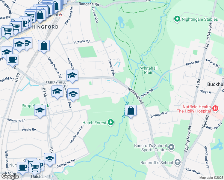 map of restaurants, bars, coffee shops, grocery stores, and more near 20 Rookwood Gardens in Greater London
