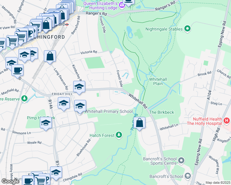 map of restaurants, bars, coffee shops, grocery stores, and more near 20 Rookwood Gardens in Greater London
