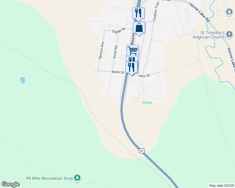 map of restaurants, bars, coffee shops, grocery stores, and more near 972 Alpine Avenue in 100 Mile House