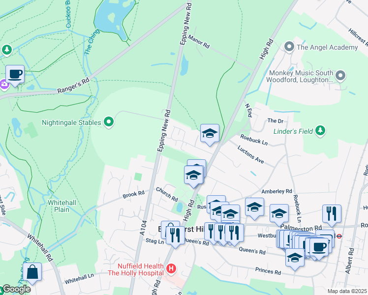 map of restaurants, bars, coffee shops, grocery stores, and more near 35A Queensbury in Essex