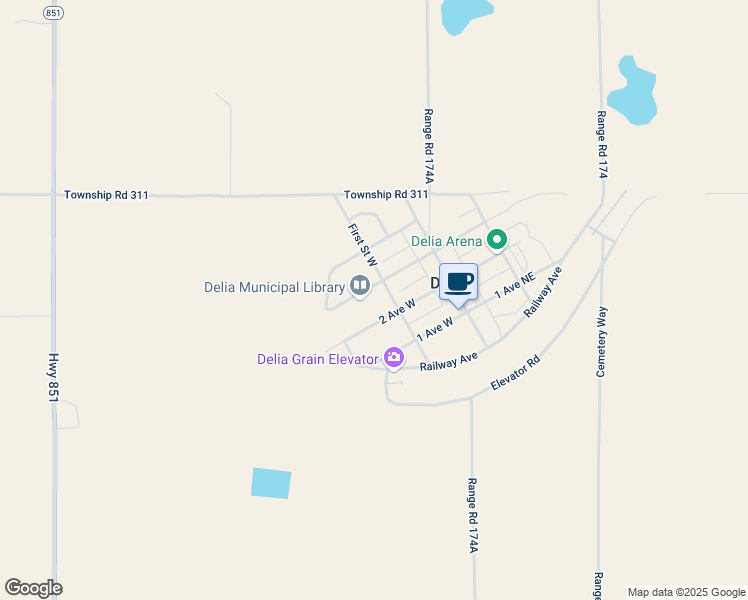 map of restaurants, bars, coffee shops, grocery stores, and more near 302 Main Street in Delia