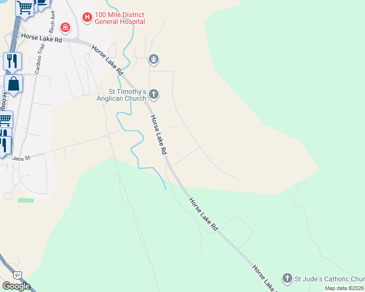 map of restaurants, bars, coffee shops, grocery stores, and more near 110 Forest Ridge Road in 100 Mile House