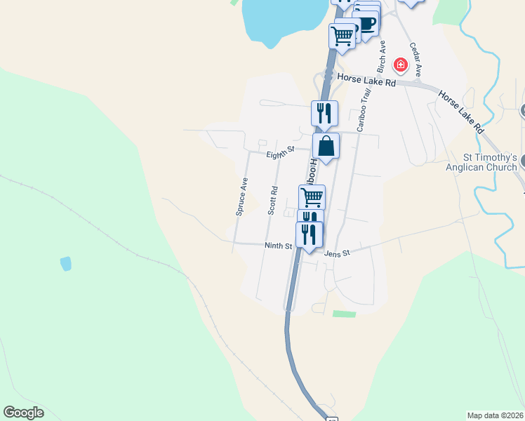map of restaurants, bars, coffee shops, grocery stores, and more near 848 Scott Road in 100 Mile House