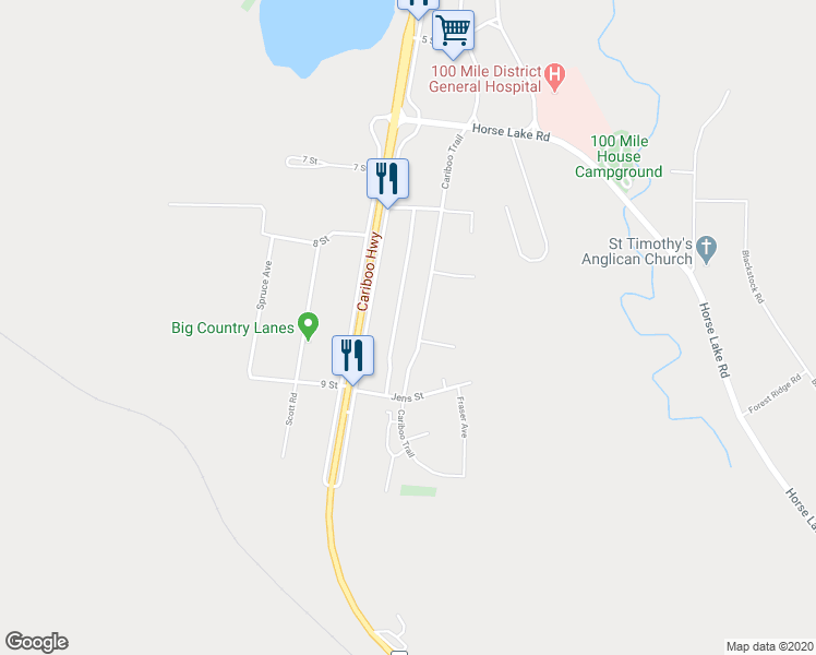map of restaurants, bars, coffee shops, grocery stores, and more near 814 Cariboo Trail in 100 Mile House