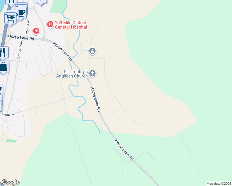map of restaurants, bars, coffee shops, grocery stores, and more near 284 Blackstock Road in 100 Mile House