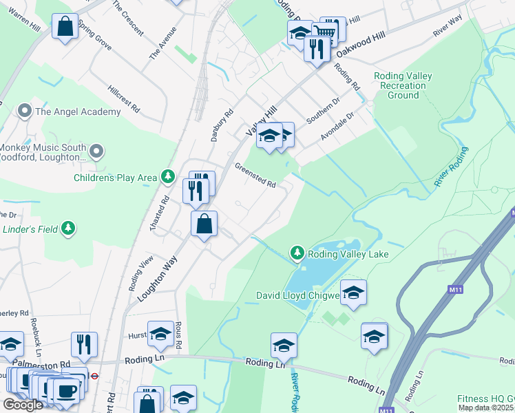 map of restaurants, bars, coffee shops, grocery stores, and more near 24 Roydon Close in Essex