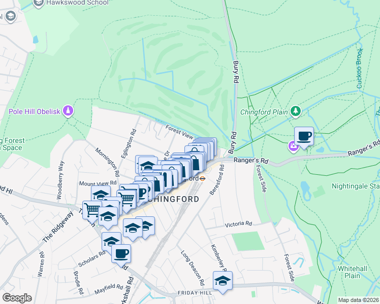 map of restaurants, bars, coffee shops, grocery stores, and more near 3 Farnley Road in Greater London