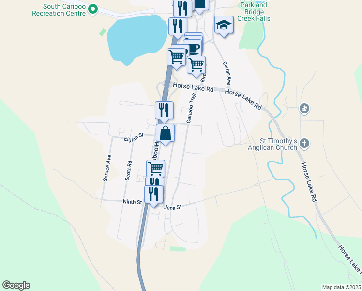 map of restaurants, bars, coffee shops, grocery stores, and more near 800 Cariboo Trail in 100 Mile House