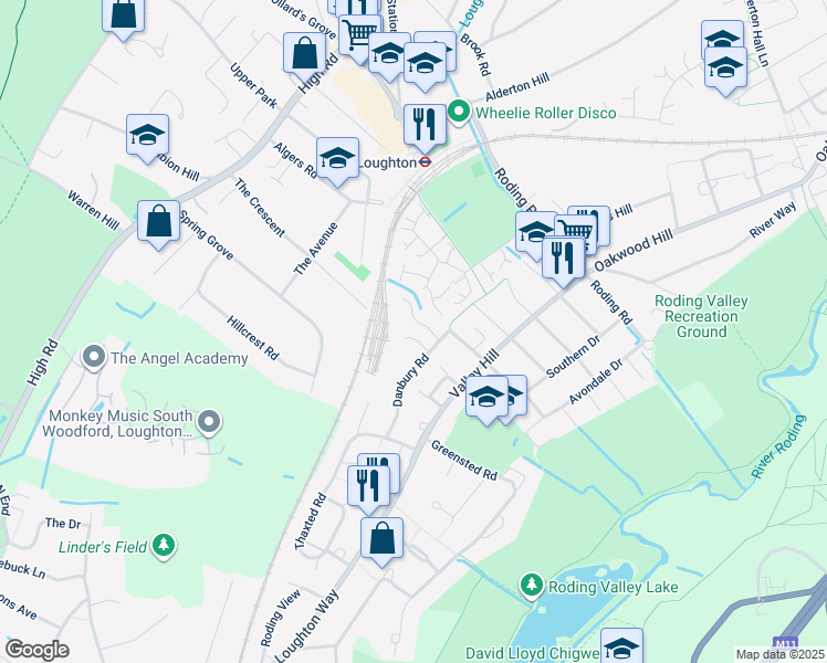 map of restaurants, bars, coffee shops, grocery stores, and more near 14 Dunmow Close in Essex