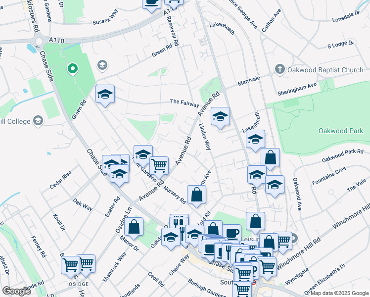 map of restaurants, bars, coffee shops, grocery stores, and more near Avenue Road in Greater London