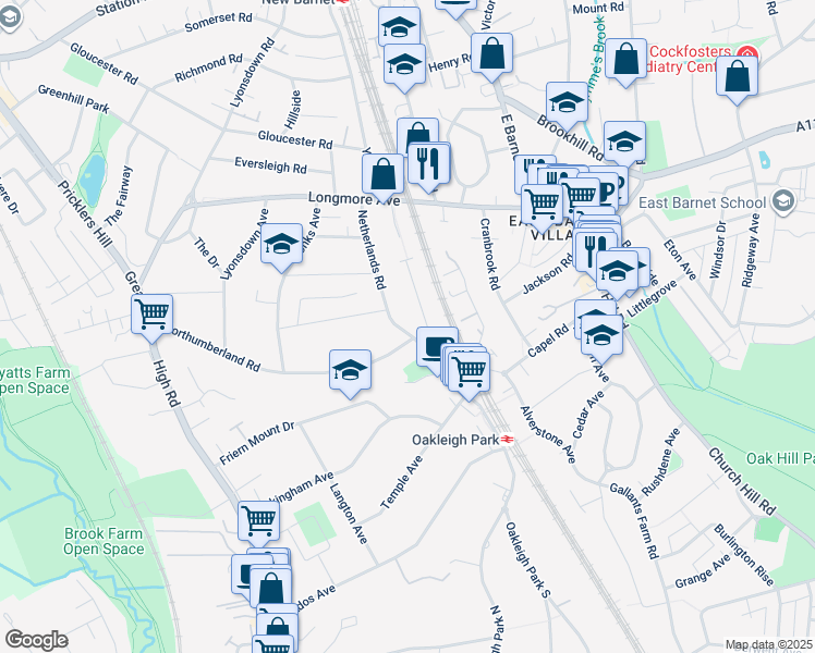 map of restaurants, bars, coffee shops, grocery stores, and more near in New Barnet