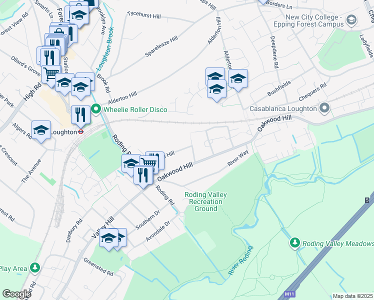 map of restaurants, bars, coffee shops, grocery stores, and more near 67 Stonards Hill in Essex