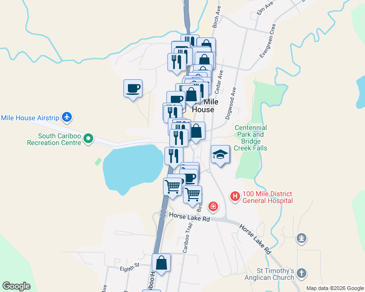 map of restaurants, bars, coffee shops, grocery stores, and more near 441 Alder Avenue in 100 Mile House