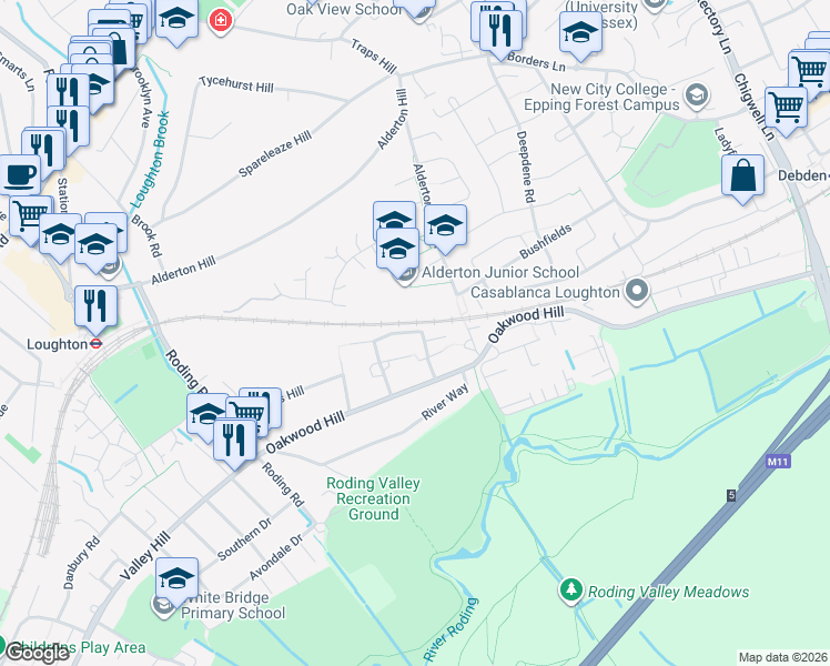 map of restaurants, bars, coffee shops, grocery stores, and more near 10 Barncroft Road in Essex