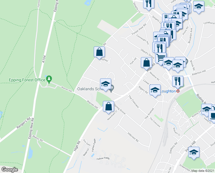 map of restaurants, bars, coffee shops, grocery stores, and more near 23 Albion Hill in Essex