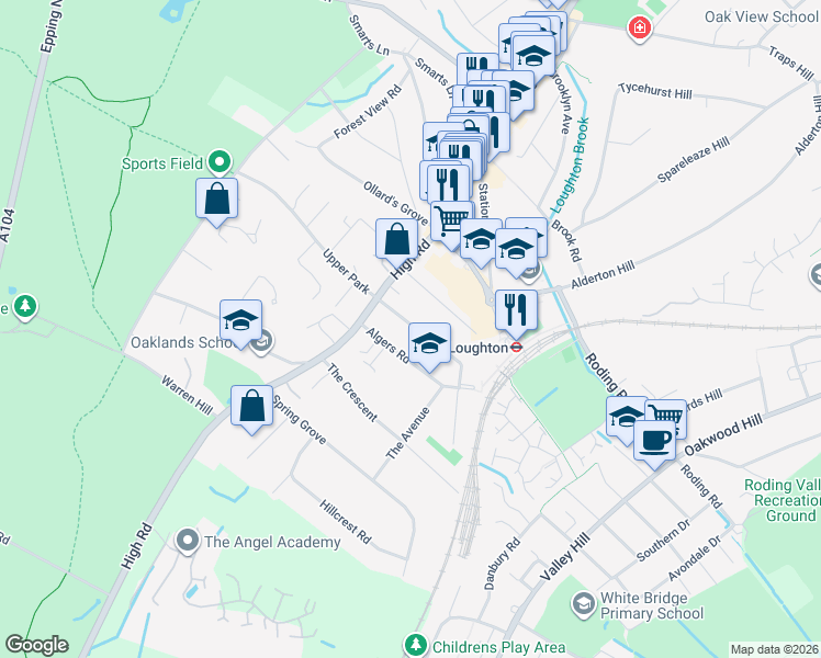 map of restaurants, bars, coffee shops, grocery stores, and more near 1A Lower Park Road in Essex