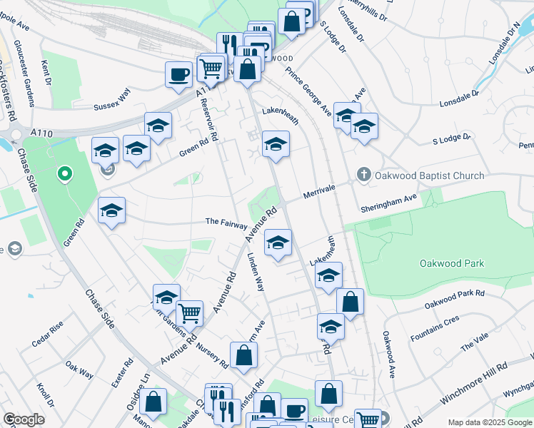 map of restaurants, bars, coffee shops, grocery stores, and more near Avenue Road in Greater London