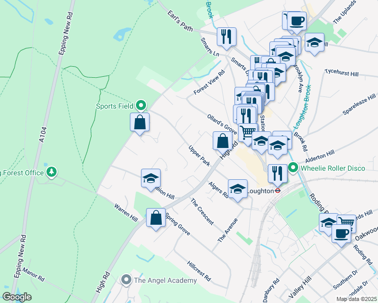map of restaurants, bars, coffee shops, grocery stores, and more near in Loughton