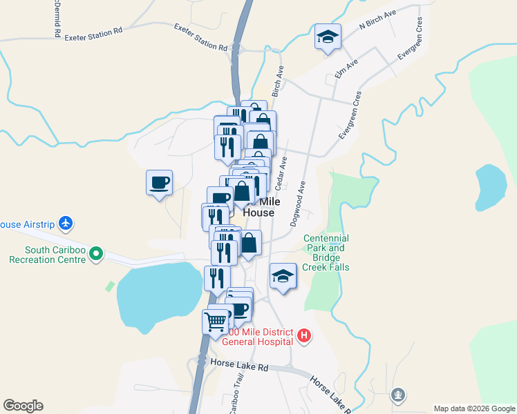 map of restaurants, bars, coffee shops, grocery stores, and more near in 100 Mile House