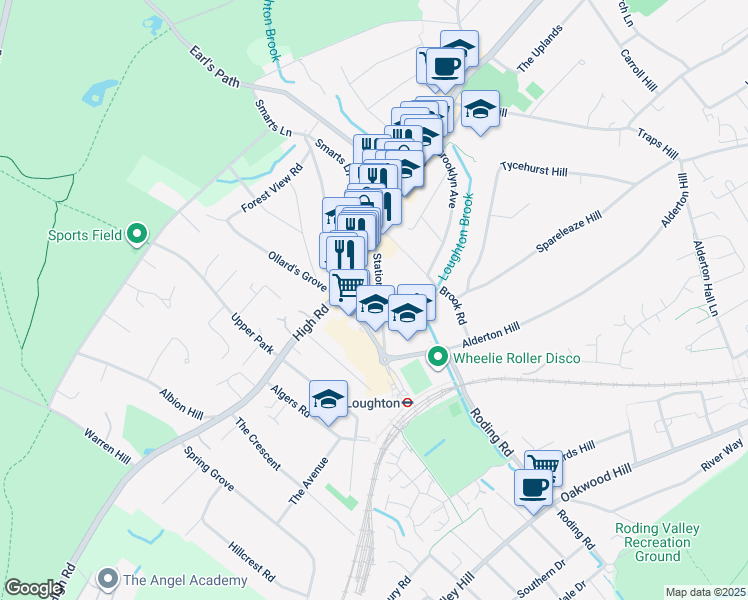 map of restaurants, bars, coffee shops, grocery stores, and more near in Loughton