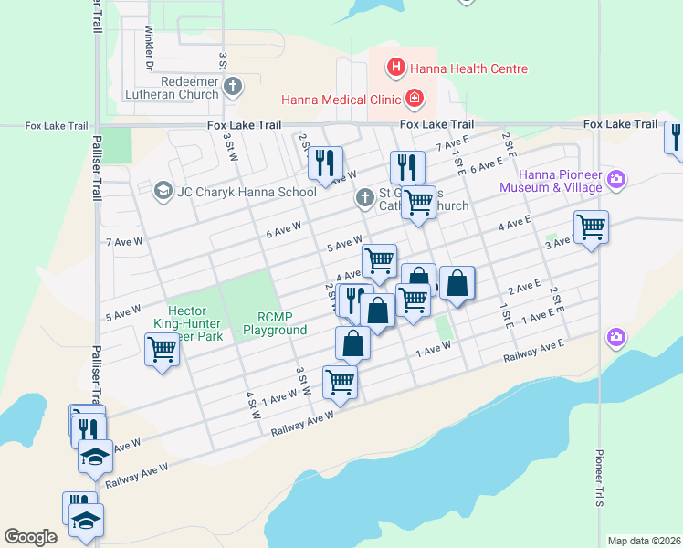 map of restaurants, bars, coffee shops, grocery stores, and more near 209 5 Avenue West in Hanna