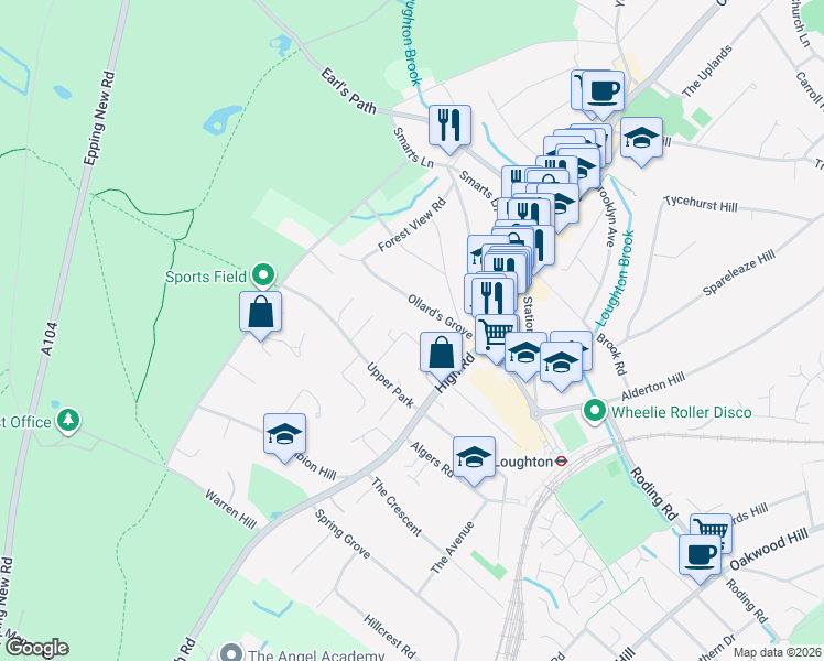 map of restaurants, bars, coffee shops, grocery stores, and more near 17 Park Hill in Essex