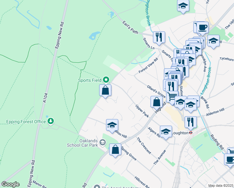 map of restaurants, bars, coffee shops, grocery stores, and more near 10 Longfield in Essex