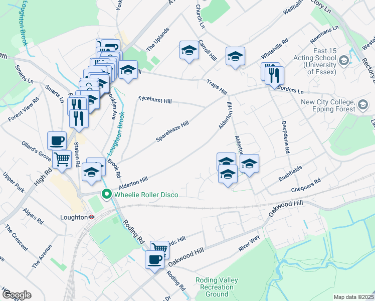 map of restaurants, bars, coffee shops, grocery stores, and more near 40 Alderton Hill in Essex