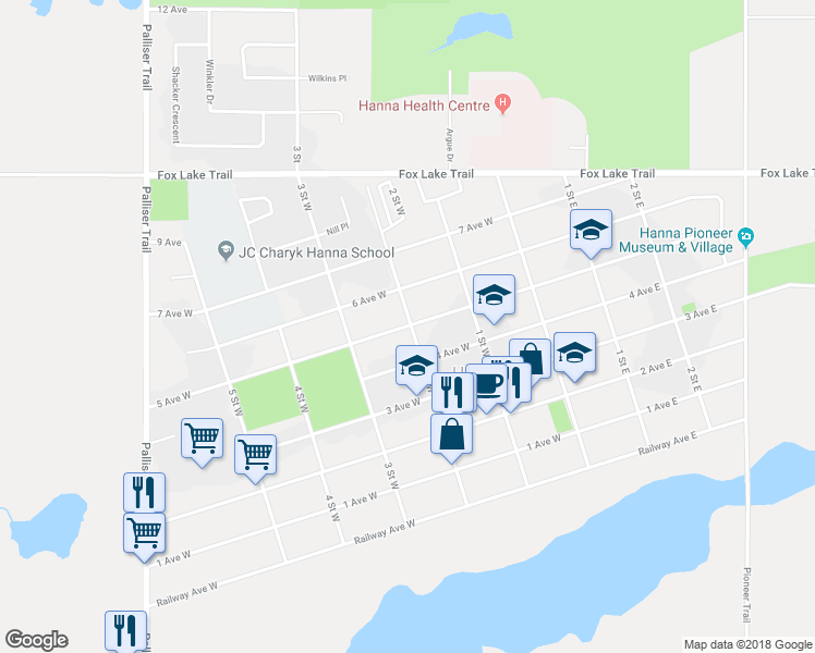 map of restaurants, bars, coffee shops, grocery stores, and more near 209 5 Avenue West in Hanna