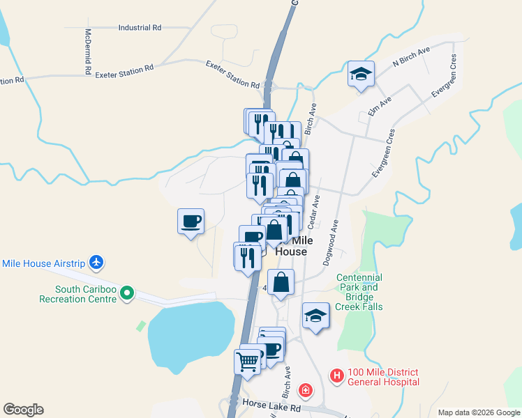 map of restaurants, bars, coffee shops, grocery stores, and more near in 100 Mile House