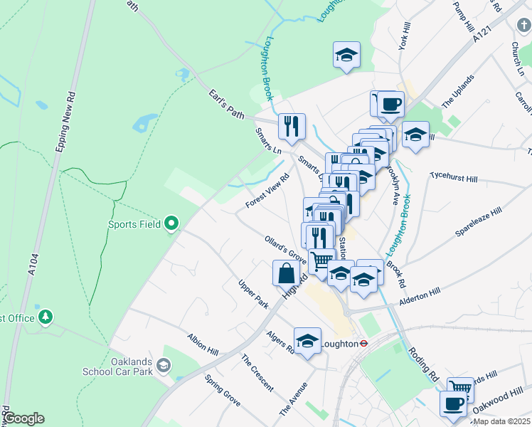 map of restaurants, bars, coffee shops, grocery stores, and more near 24 Connaught Avenue in Essex