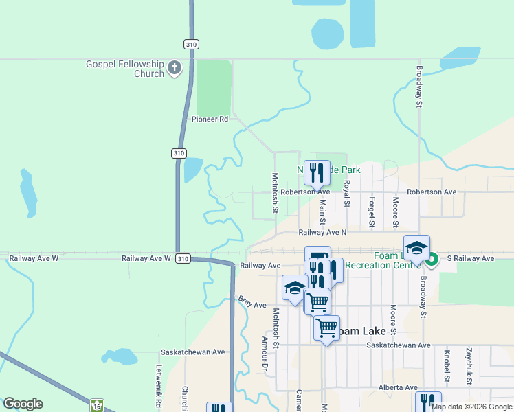 map of restaurants, bars, coffee shops, grocery stores, and more near 629 Barkman Close in Foam Lake