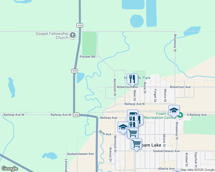 map of restaurants, bars, coffee shops, grocery stores, and more near 629 Barkman Close in Foam Lake