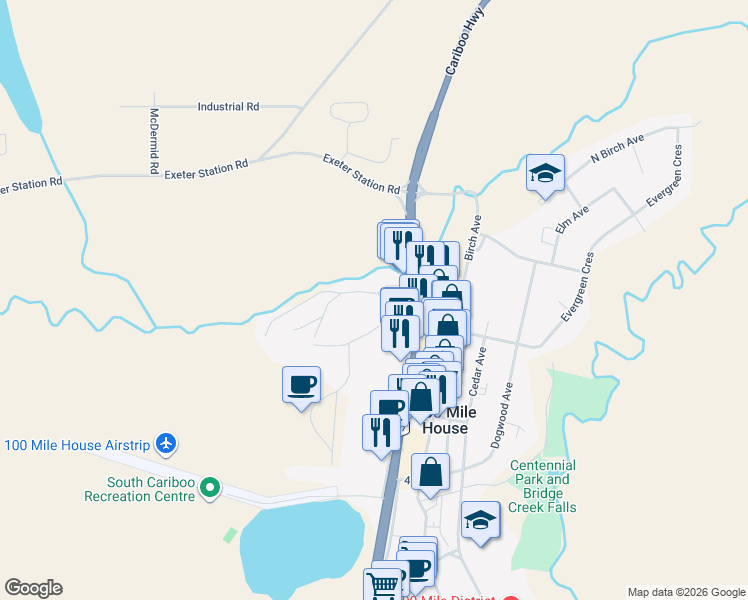 map of restaurants, bars, coffee shops, grocery stores, and more near 88 Cecil Place in 100 Mile House