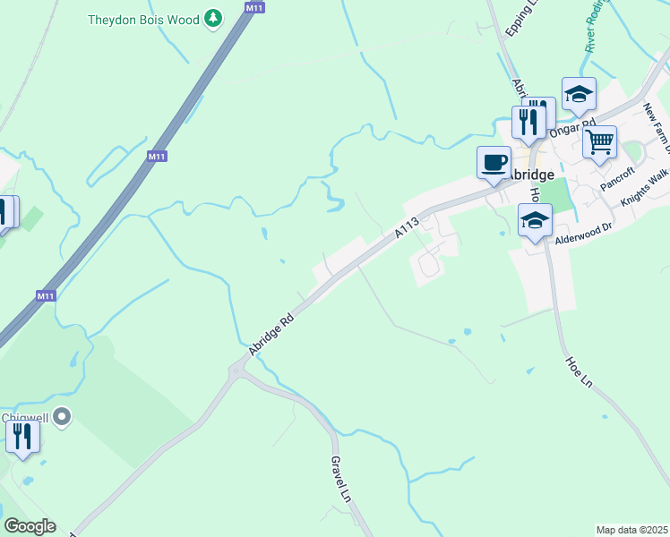 map of restaurants, bars, coffee shops, grocery stores, and more near 136 London Road in Abridge