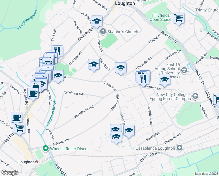 map of restaurants, bars, coffee shops, grocery stores, and more near 65 Traps Hill in Essex
