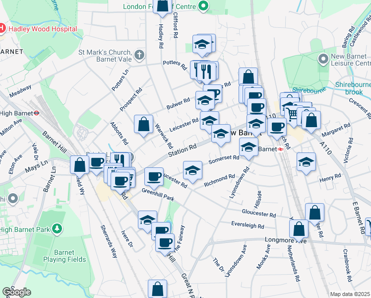 map of restaurants, bars, coffee shops, grocery stores, and more near Station Road in Greater London