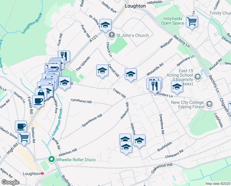 map of restaurants, bars, coffee shops, grocery stores, and more near 65 Traps Hill in Essex