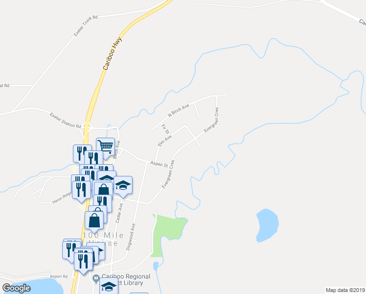 map of restaurants, bars, coffee shops, grocery stores, and more near 255 Evergreen Crescent in 100 Mile House