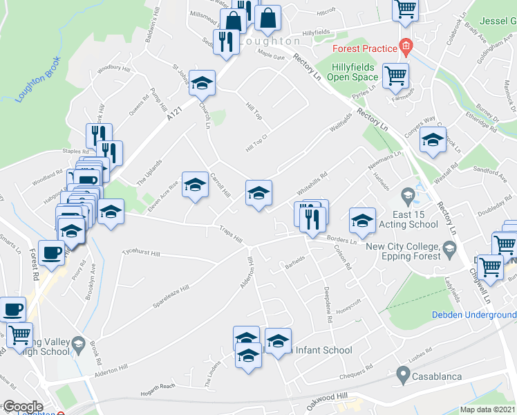 map of restaurants, bars, coffee shops, grocery stores, and more near 4 Whitehills Road in Essex