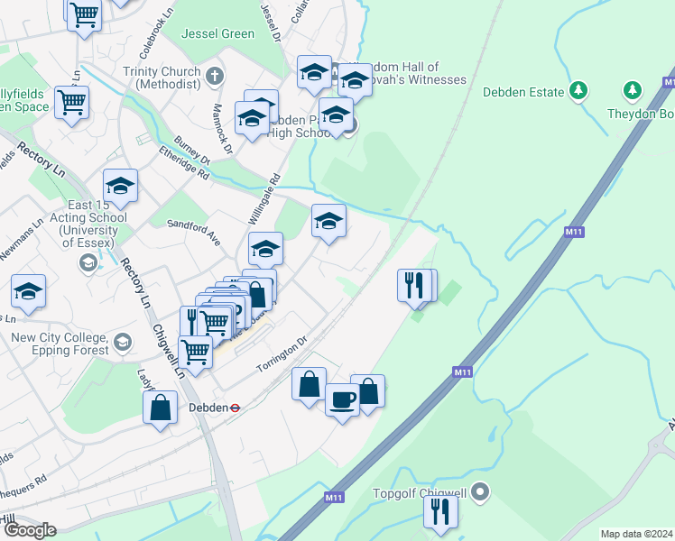map of restaurants, bars, coffee shops, grocery stores, and more near 27 Lytton Close in Essex