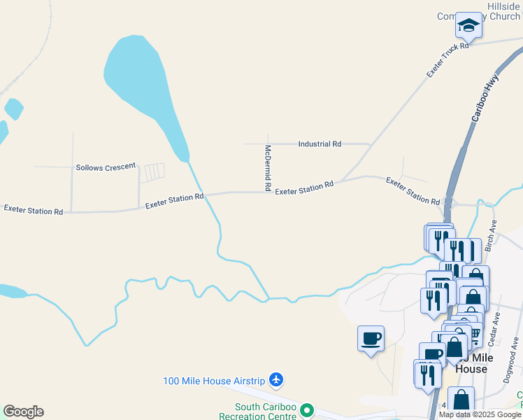 map of restaurants, bars, coffee shops, grocery stores, and more near 401 Exeter Station Road in 100 Mile House