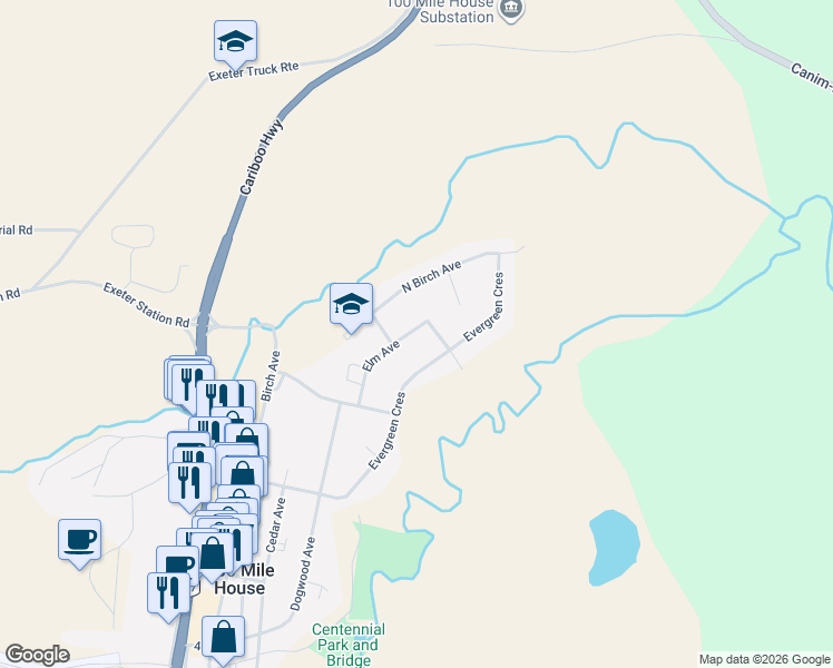 map of restaurants, bars, coffee shops, grocery stores, and more near 287 Elm Avenue in 100 Mile House