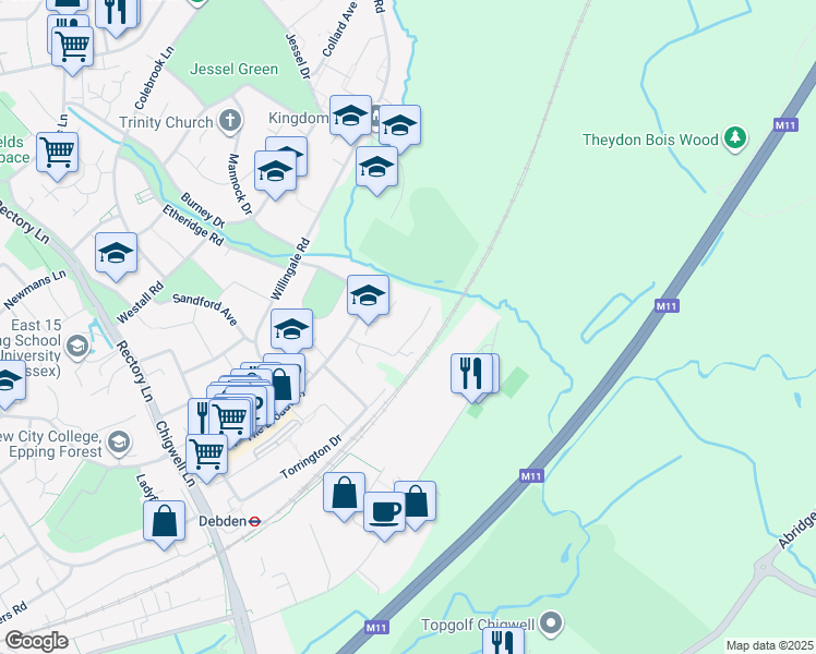 map of restaurants, bars, coffee shops, grocery stores, and more near 35 Austen Close in Essex