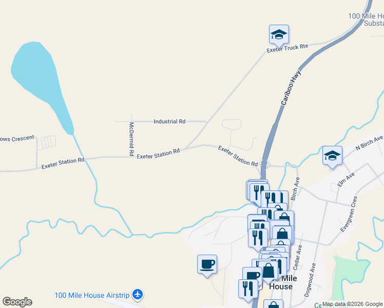 map of restaurants, bars, coffee shops, grocery stores, and more near 295 Exeter Station Road in 100 Mile House