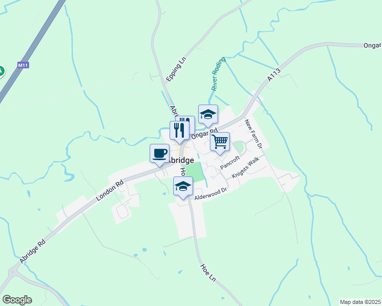 map of restaurants, bars, coffee shops, grocery stores, and more near 1 White Hall in Abridge