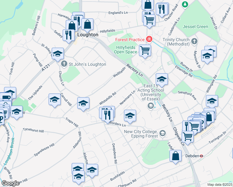 map of restaurants, bars, coffee shops, grocery stores, and more near 56 Whitehills Road in Essex