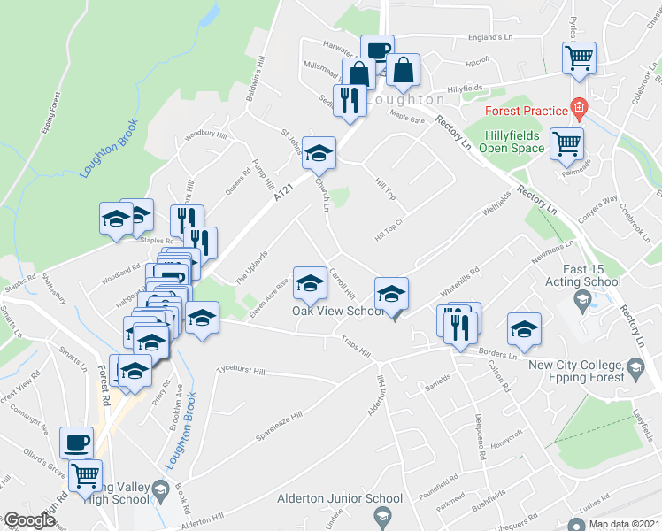 map of restaurants, bars, coffee shops, grocery stores, and more near 20 Carroll Hill in Essex